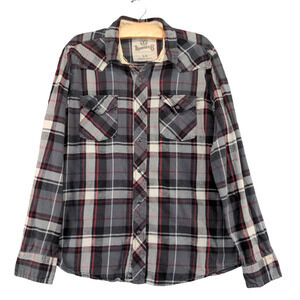 Roebuck & Co Men's Pearl Snap Shirt Gray Plaid Large Long Sleeve Cotton Casual